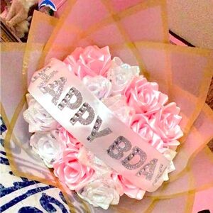 Eternal roses with custom happy birthday banner.